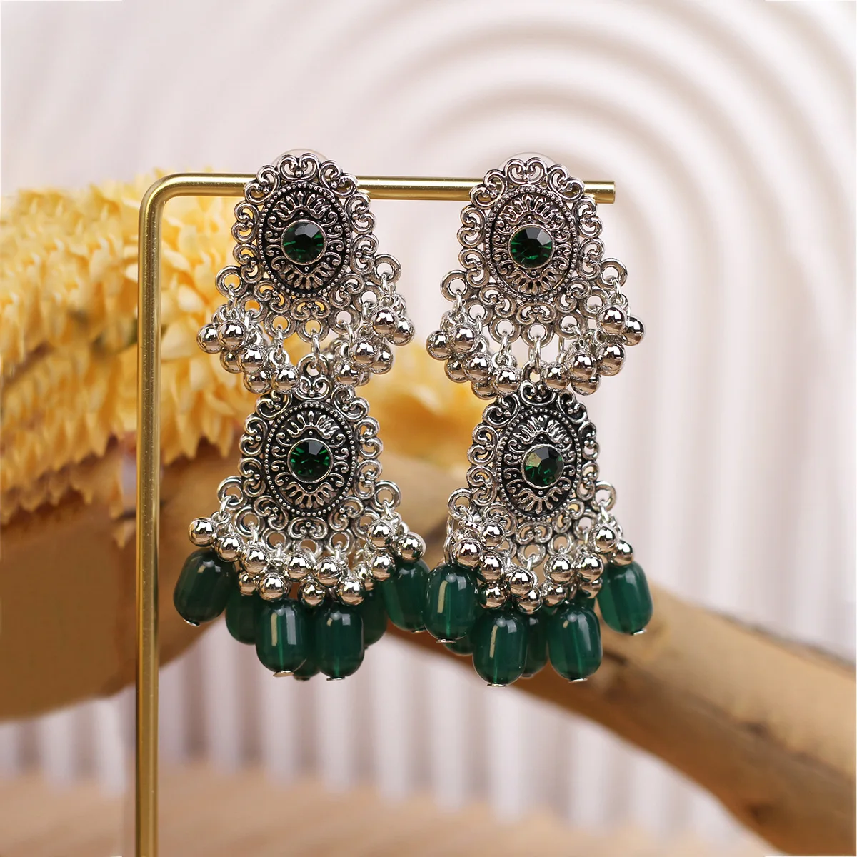 Ethnic Romantic Pink Crystal Bead Tassel Earring Women Ethnic Silver Plated Round Long Dangle Earrings Bridal Wedding Jewelry