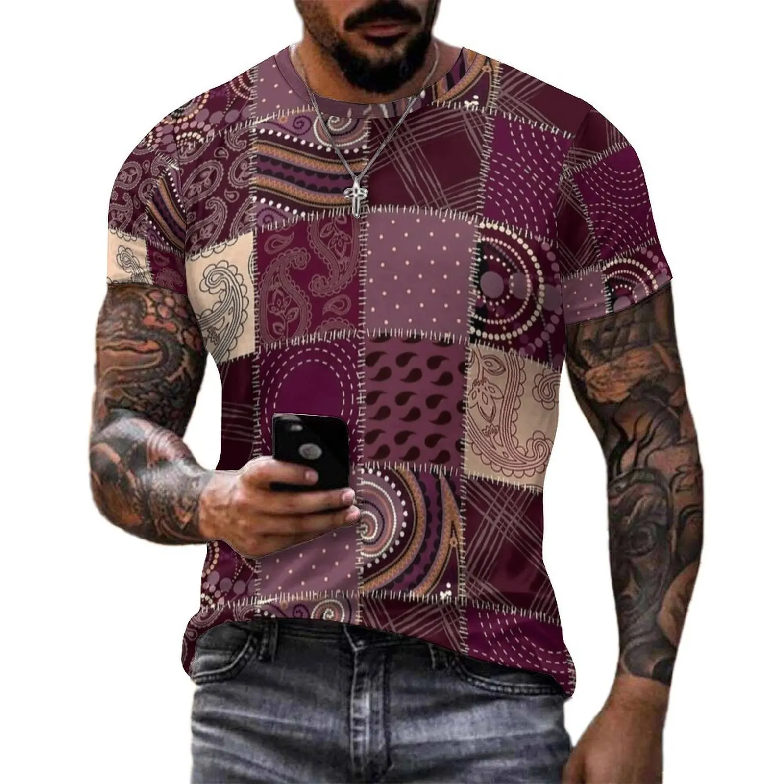 Wine Paisley Patchwork Print T Shirt  Hip Hop T Shirts Short-Sleeve Printed Tops Hot Sale Original Aesthetic Oversized Clothing