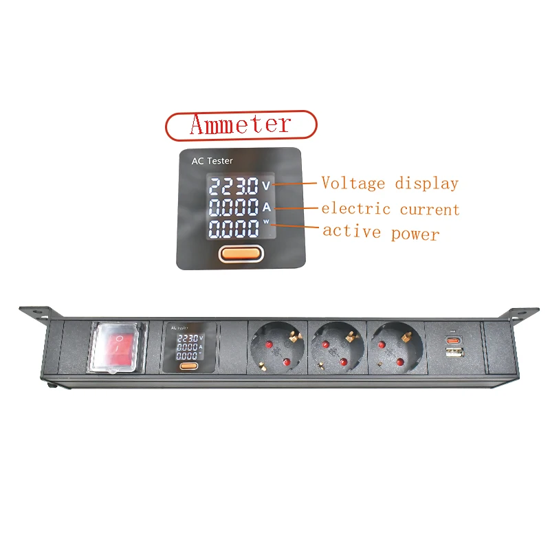 Aluminum alloy shell PDU power board hidden desktop EU socket C14 interface 1-7AC with switch ammeter TPC charging