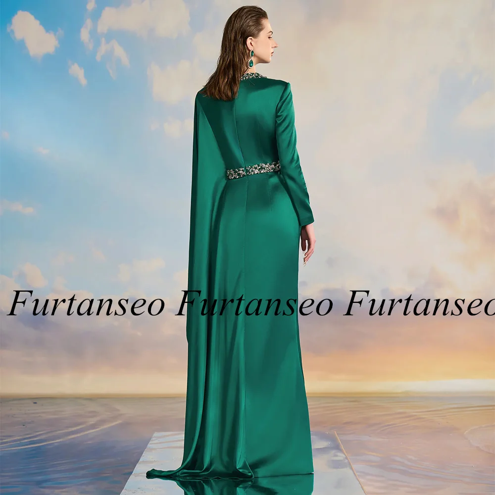 Emerald Green Arab Prom Dress Long Sleeve Round Neck Rhinestone Crystal Customized Mermaid Evening Gown Formal Occasion Dresses