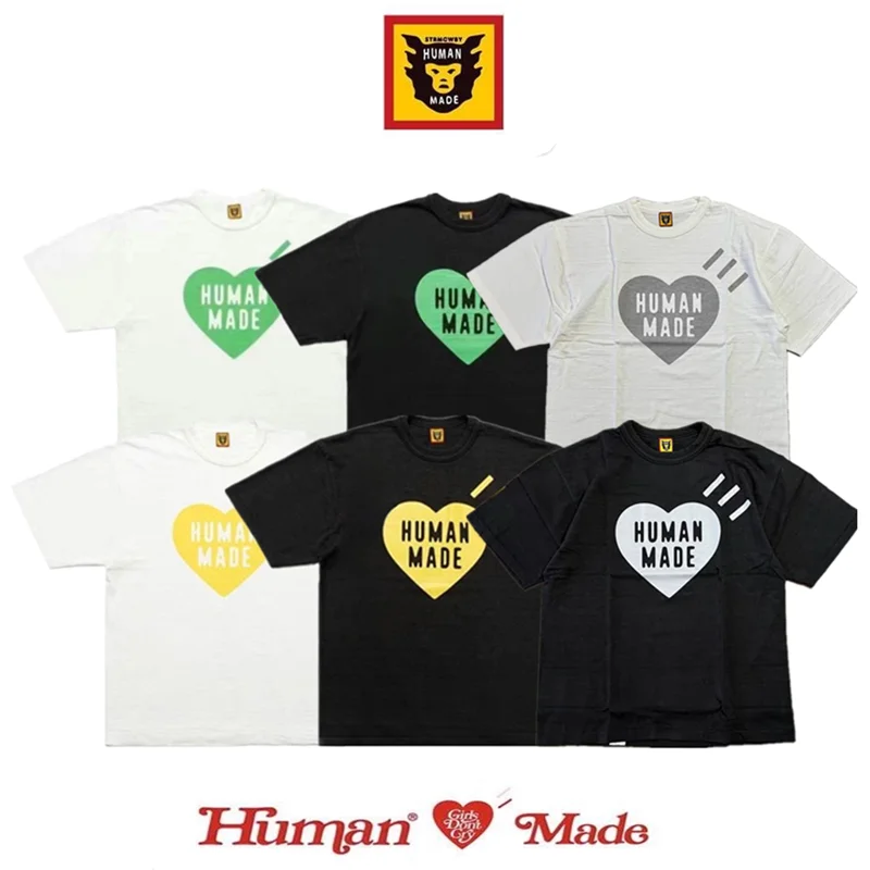 Human Made Heart Tee, Colorful Love Print Slub Cotton T-Shirt, Store Limited for Unisex