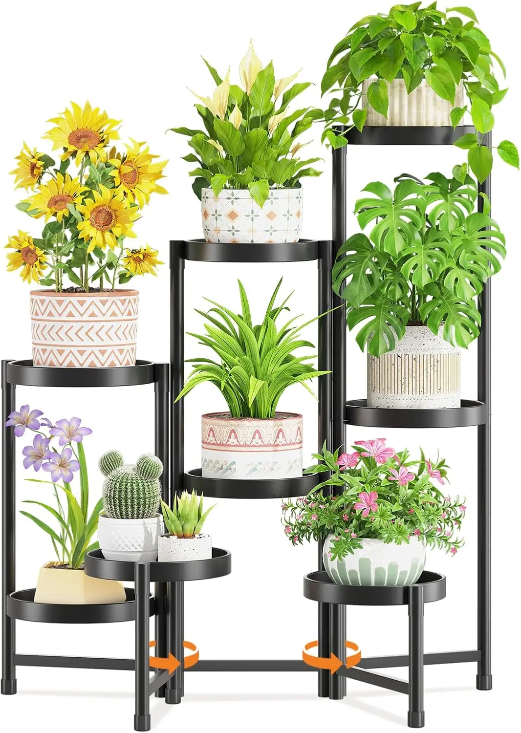 

8 Tiered Folding Tall Plant Stand Indoor for Multiple Large Planters, Heavy Duty Metal Adjustable Flower Rack for Narrow Corner