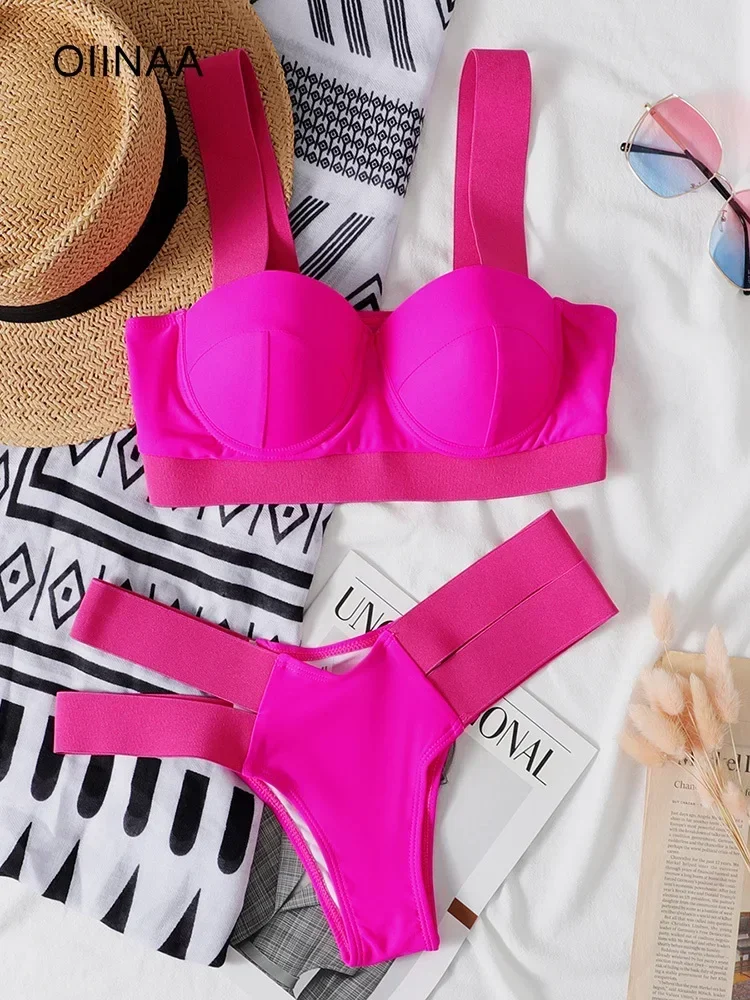 

OIINAA Bikini Set Women Swimsuit Spliced Solid Hollow Out Two-Piece New Fashion Female Swimwear Beach Holiday Bathing Beachwear