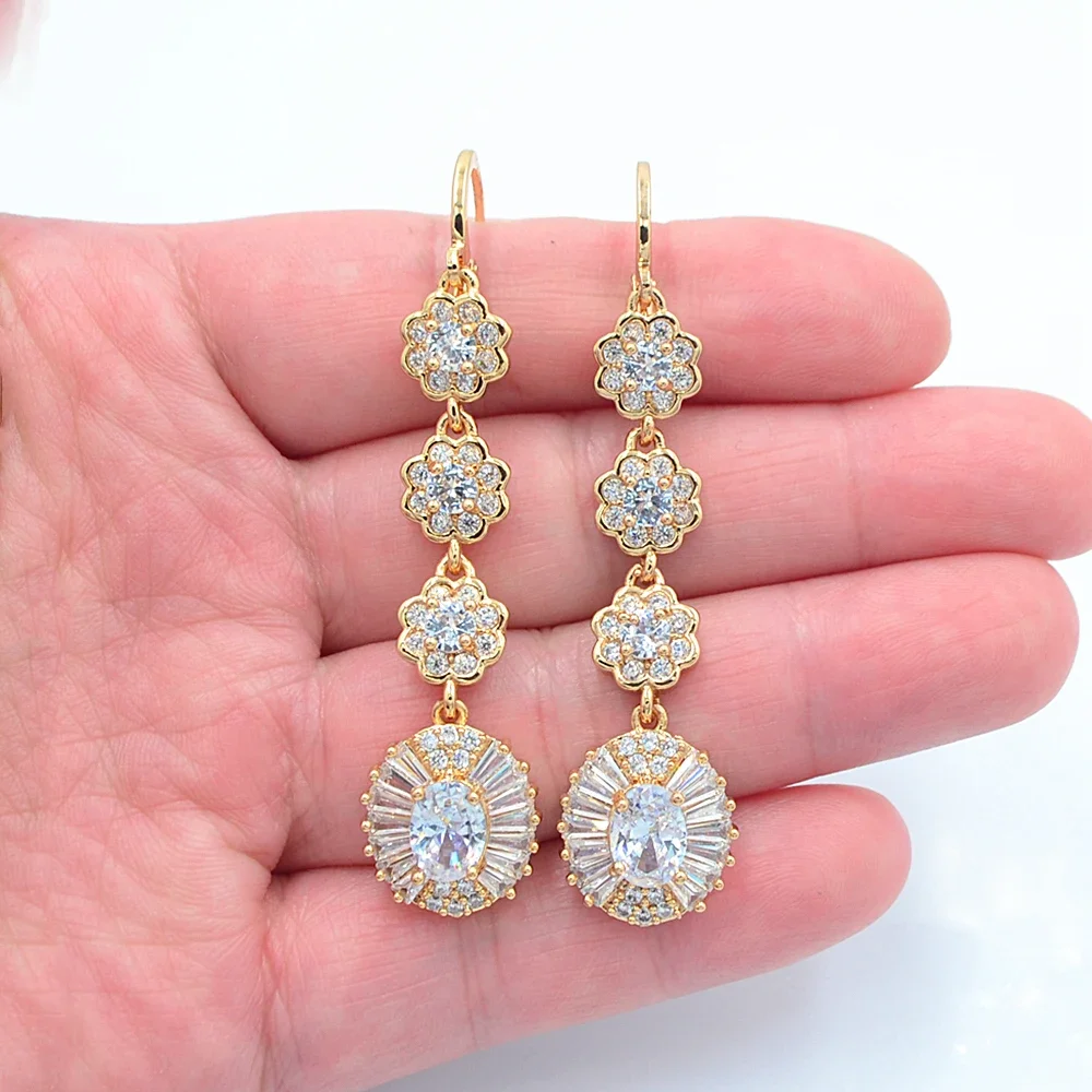 Fashion Gold Color Luxury Purple Zircon CZ Long Oval Dangle Wedding Earrings Jewelry