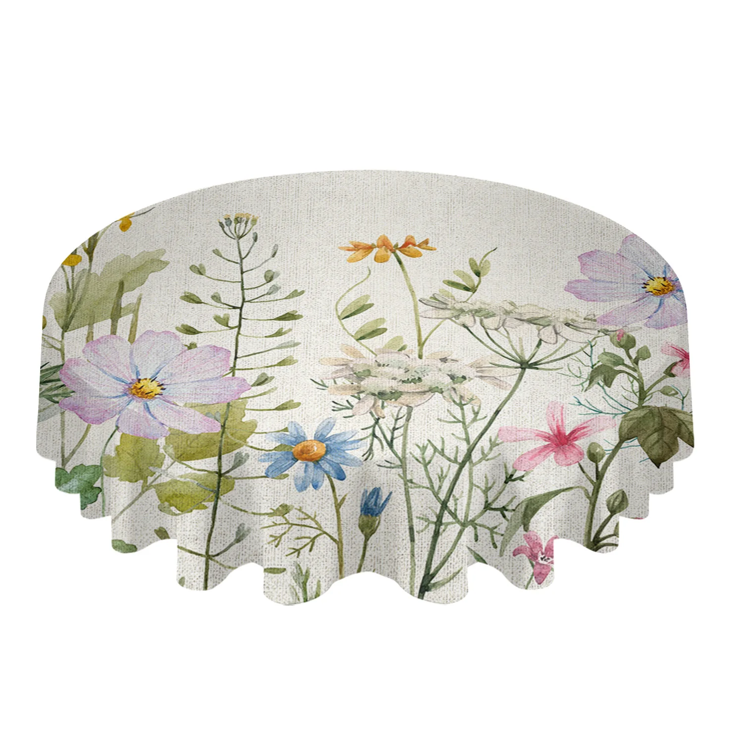 Spring Flowers Herbs Fields Retro Waterproof Tablecloth Table Decoration Round Table Cover for Kitchen Wedding Home Dining Room