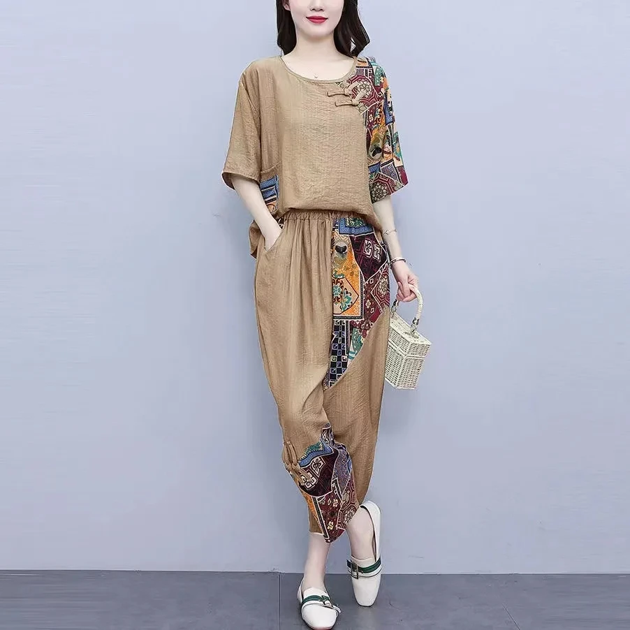 Middle aged Mother\'s Two-piece Patchwork Short sleeved Print set Summer New Women\'s Loose T-shirt Top+Pants Cotton linen Sets