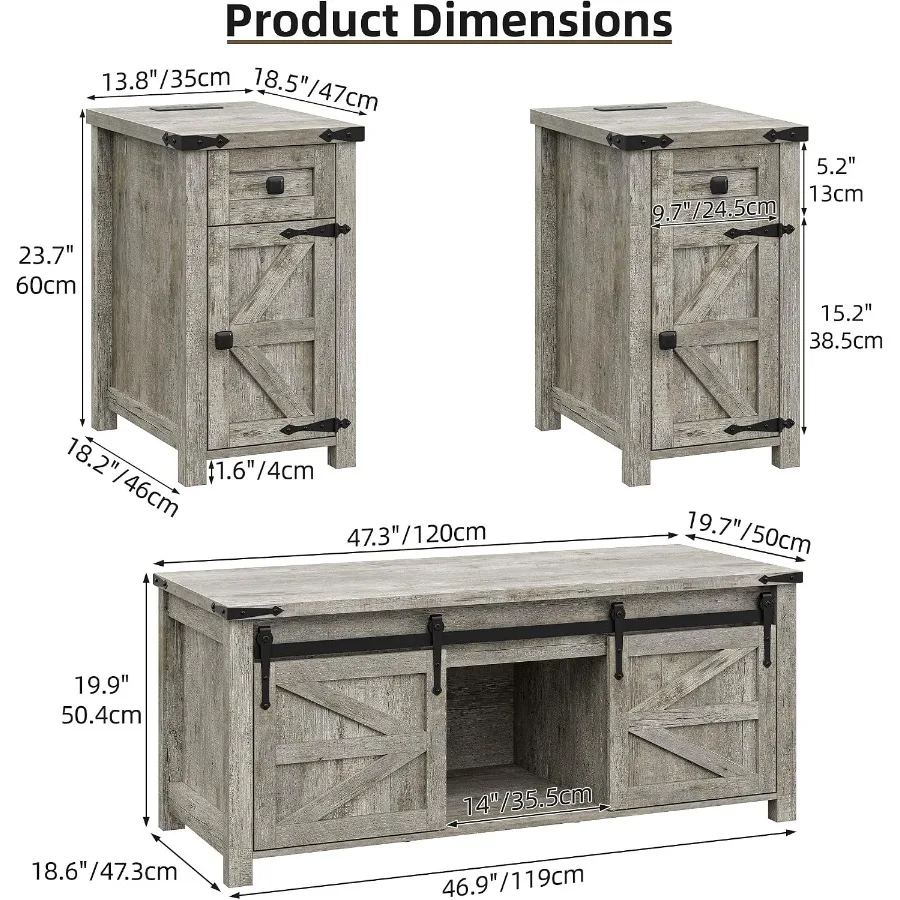 Farmhouse living room coffee table set: 3 pcs, wood finish, walnut brown, includes charging station, drawer storage, and 47.3''