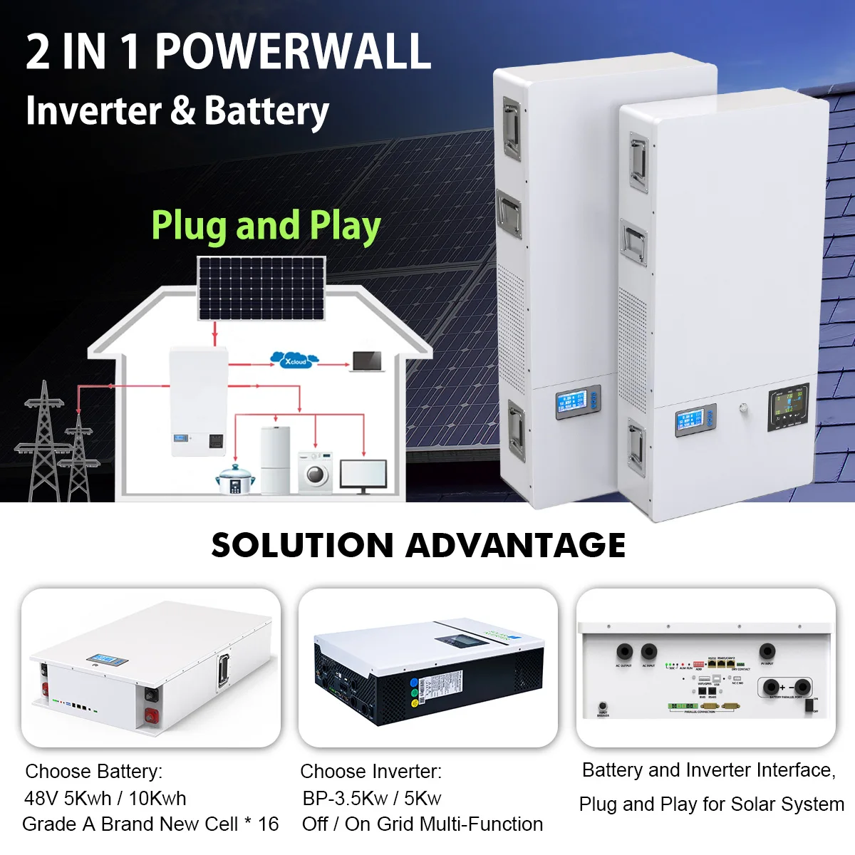 10kwh home battery power energy wall 5kw 51.2v lithium battery Wall mounted LiFePO4 Battery Hybrid Solar Energy System