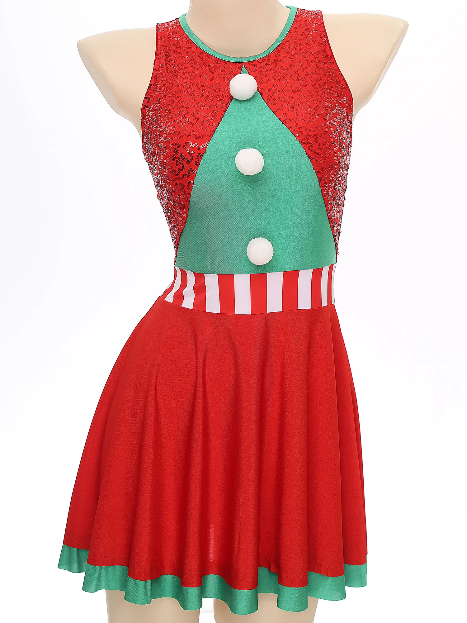 Vestido de baile de Ballet de Navidad para mujer, disfraz de bastón de caramelo de Papá Noel, lentejuelas sin mangas, Pompón, vestido de línea a para fiesta de Navidad, Ropa de baile