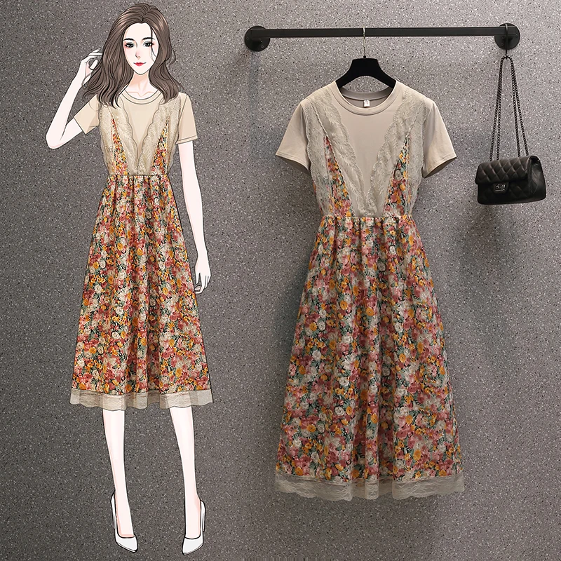 

2022 Elegant Dress Women's Clothing Summer Vintage Short Sleeve Stitching Fake Two Piece Floral Dress BD93