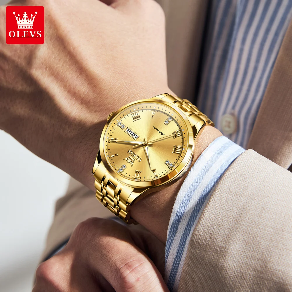 OLEVS 7062 ساعة رجالي فاخرة أصلية ماركة الأعمال ساعة ميكانيكية مقاوم للماء ساعة للرجال تاريخ الأسبوع عرض هدايا رجالي ﻿