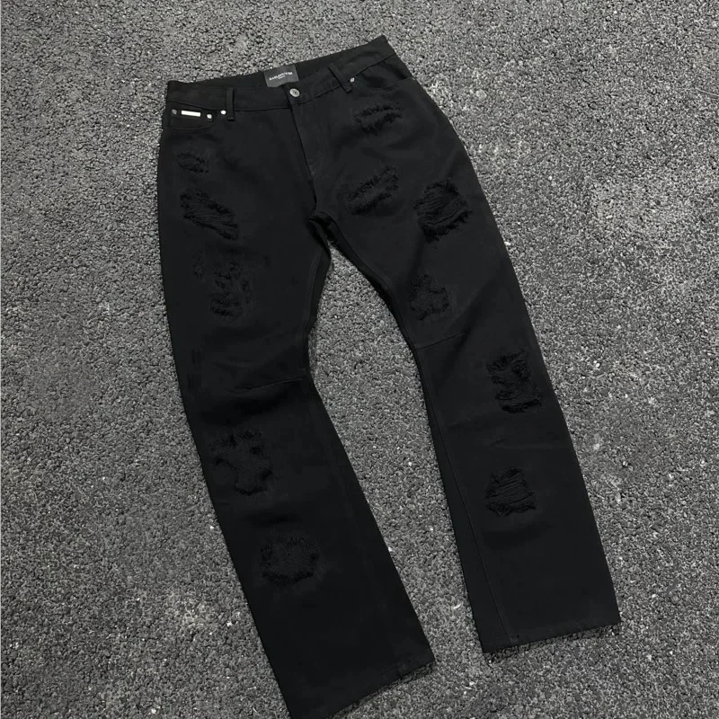 High Street American Style Dark Ripped Casual Wide Jeans Trousers for Men