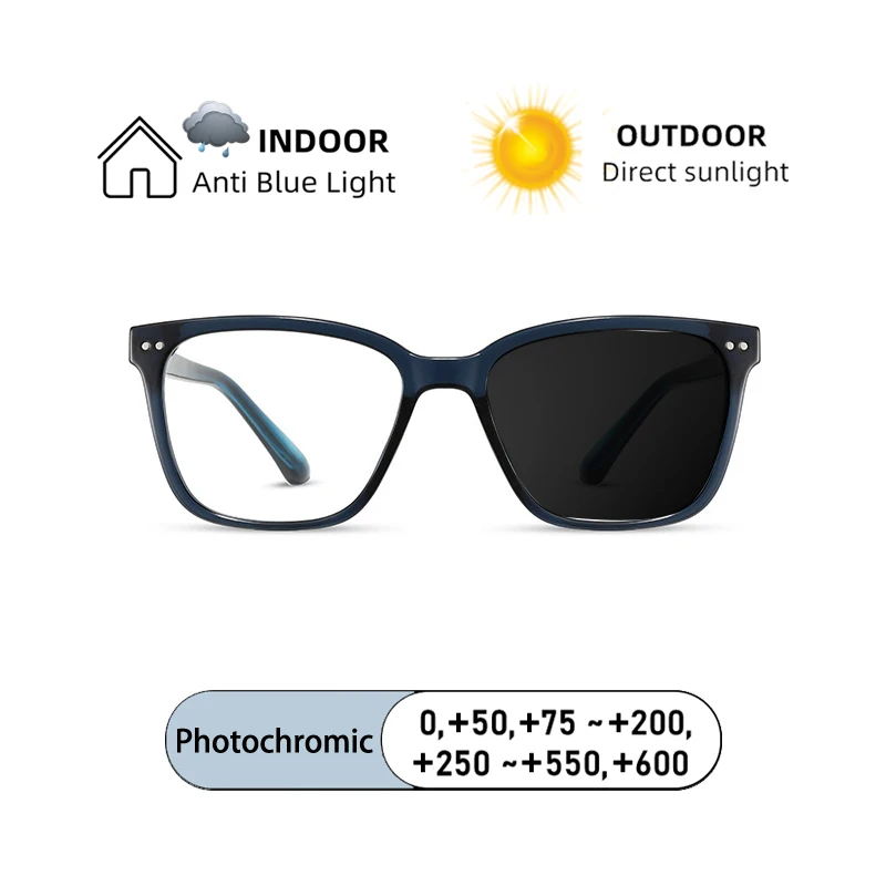 

Fashion Brand Design Oversized Rice Nail Square Frame Hyperopia Custom Eyewear Photochromic Anti Blue Light Men Reading Glasses