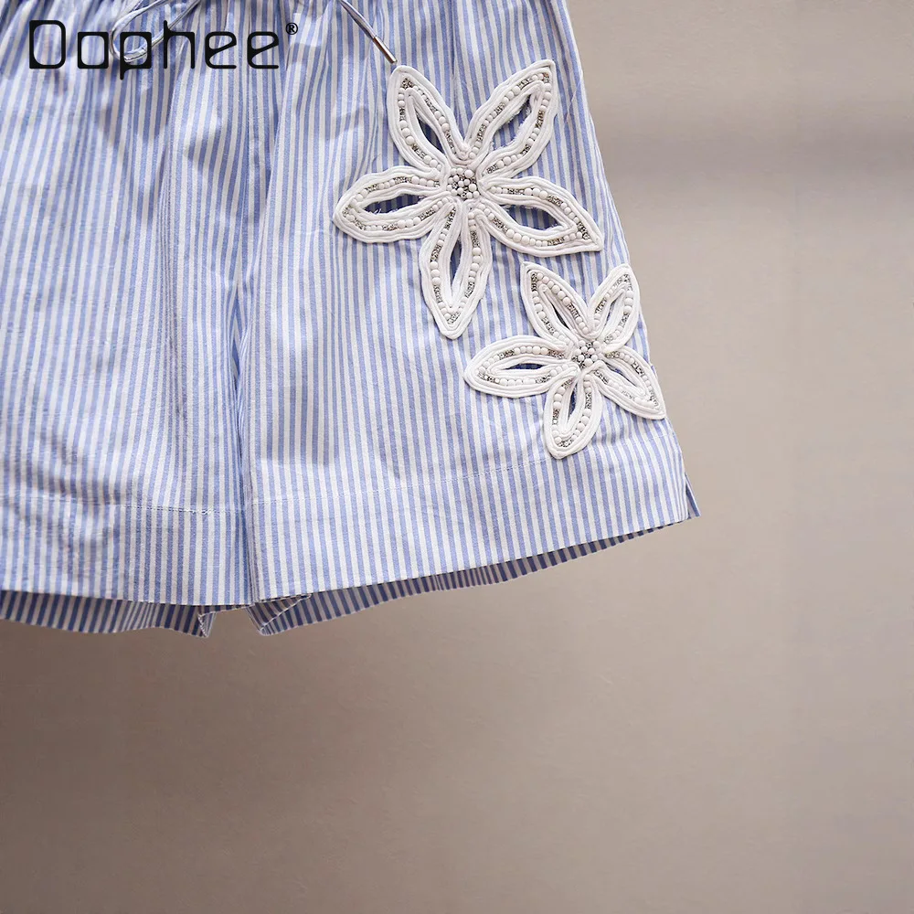 Sommer Retro bestickte Blumenperlen hohle Spitze elastische Taille A-Linie weites Bein Hose koreanische schicke blau-weiß gestreifte Shorts