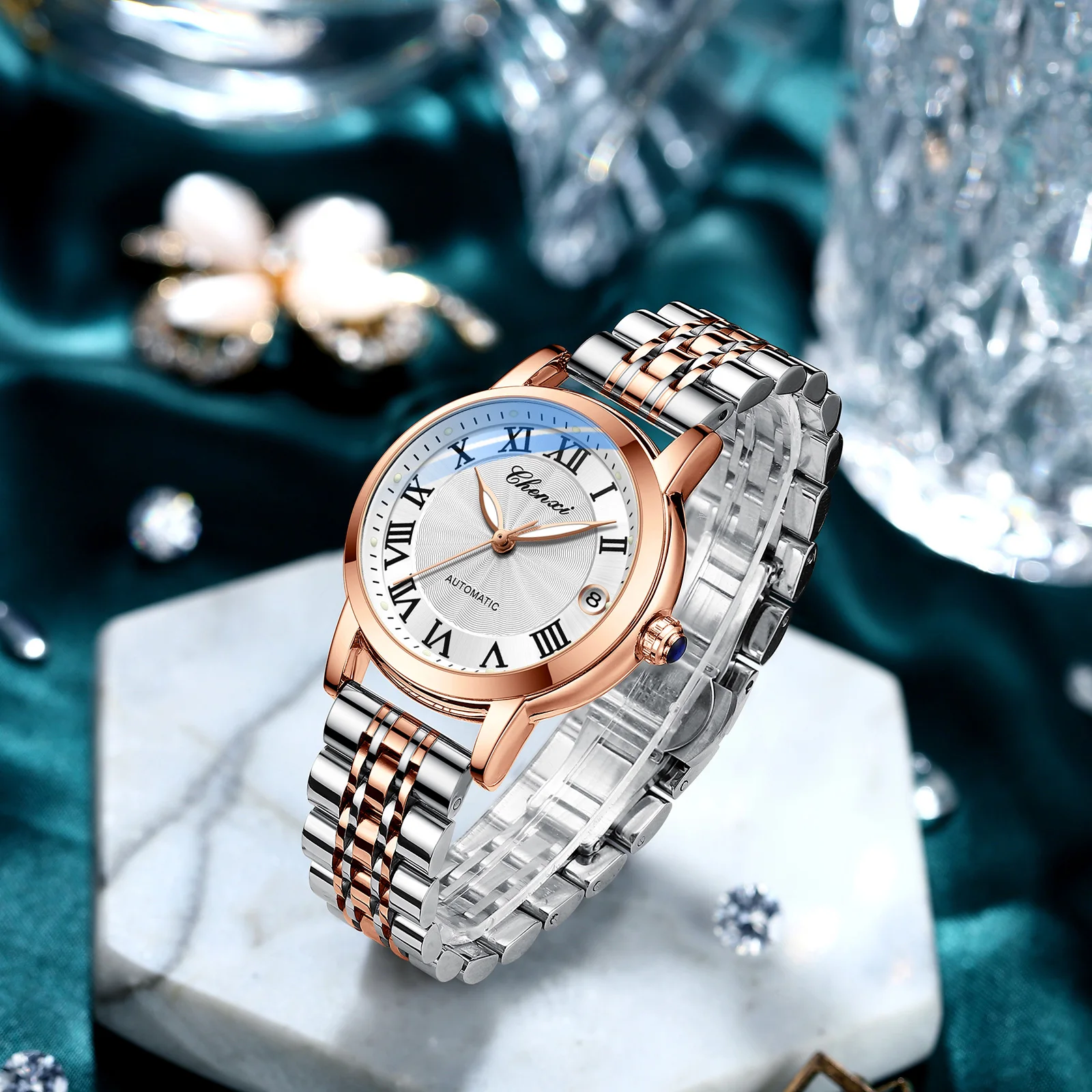 CHENXI 8838 Fashion Women Automatic Mechanical Watch Calendar Luminous Hands Wristwatch Steel Strap Elegant Business Woman Watch