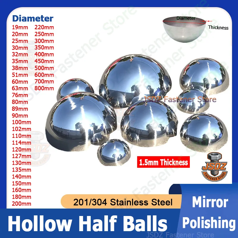 1-5pcs 1.5mm Thickness Mirror Polishing Hollow Hemisphere OD 19-800mm 201/304 Stainless Steel Decoration Sealing Plug Half Balls