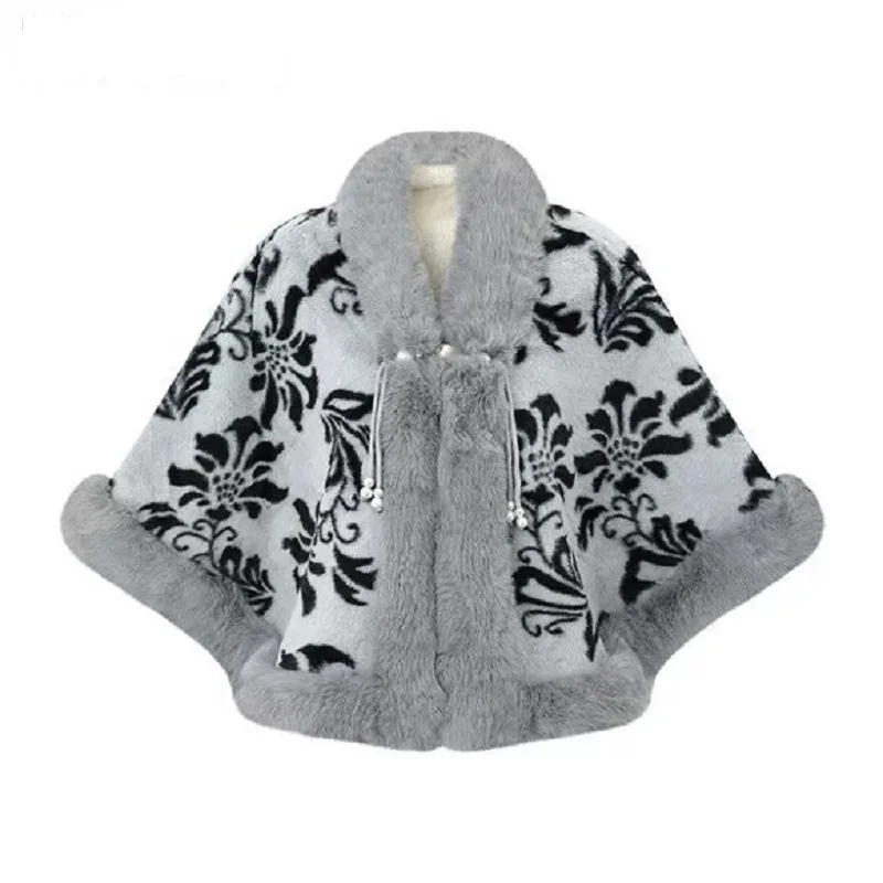 Womens Cloak  Furry Collar Printed Cape for Winter