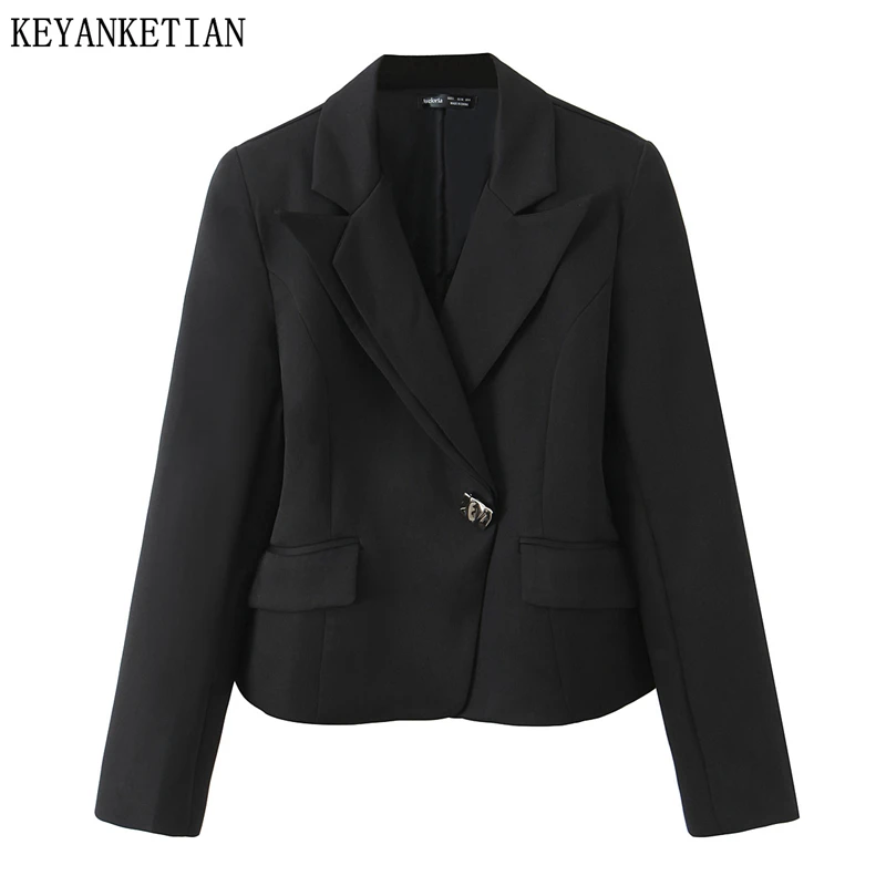 KEYANKETIAN 2026 Spring New Women's Hollow out Backless Short Suit Coat Fashion Chic One-Button Slim Black Blazer Outerwear Top