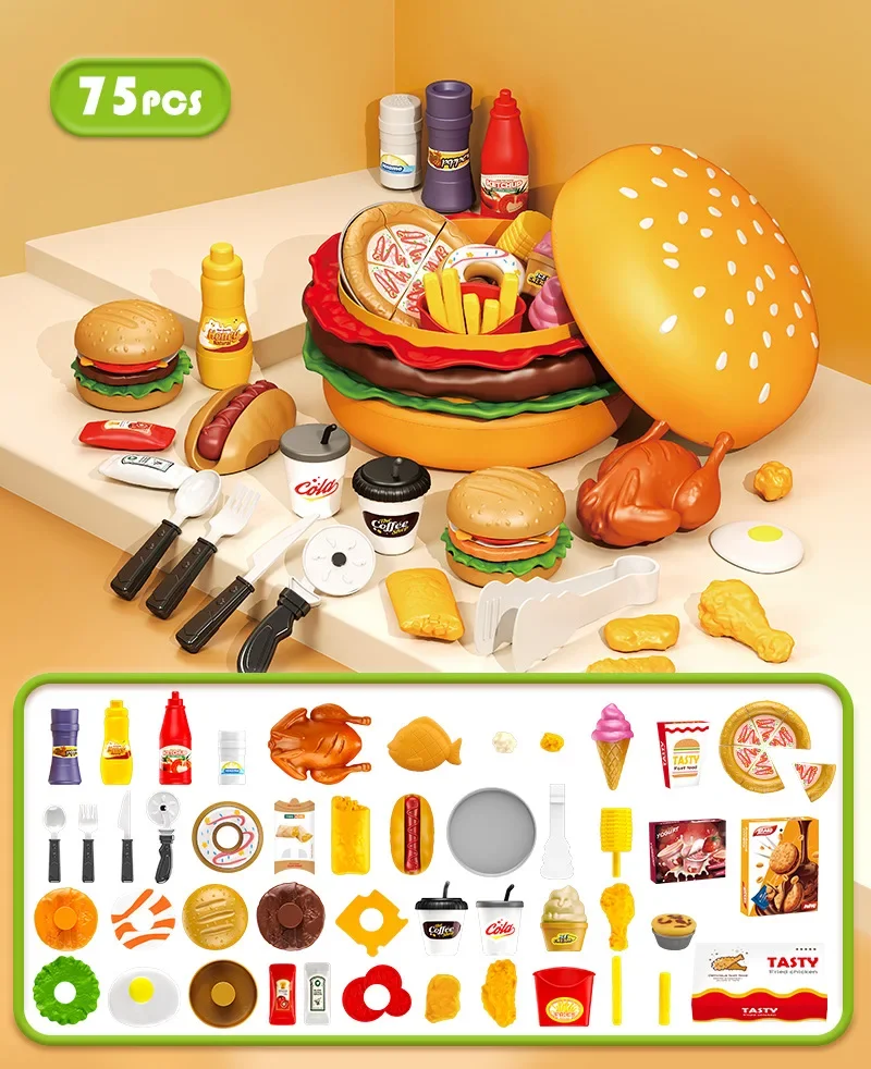 مجموعة مطبخ همبرغر التعليمية للعب التظاهري: ألعاب تقطيع للأطفال مع فواكه وخضروات مقلدة وبيتزا للأطفال الصغار/الأطفال