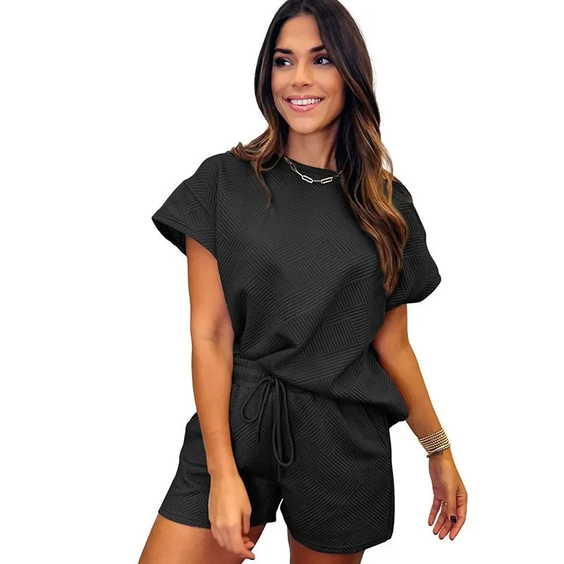 

New Two-piece Set Womens Outifits Casual Summer Solid Color Round Neck Short Sleeve T-shirt and Drawstring Shorts Matching Sets