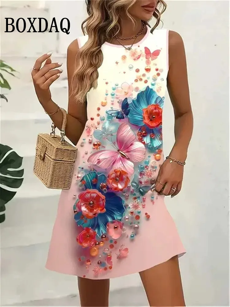 Blumen-Schmetterlingsdruck-Kleider für den Sommer 2022, Damen-Vintage-ärmelloses Minikleid, lässige Weste, lockeres Strand-Kurzkleid, Sommerkleid