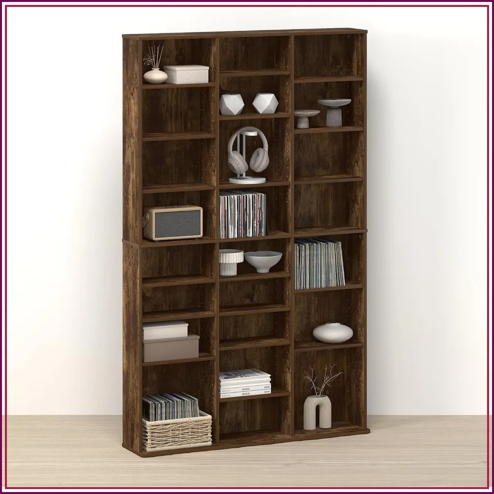 24-Shelf DVD Storage Tower Adjustable CD Rack Media Organizer Slim Cabinet Rustic Amber