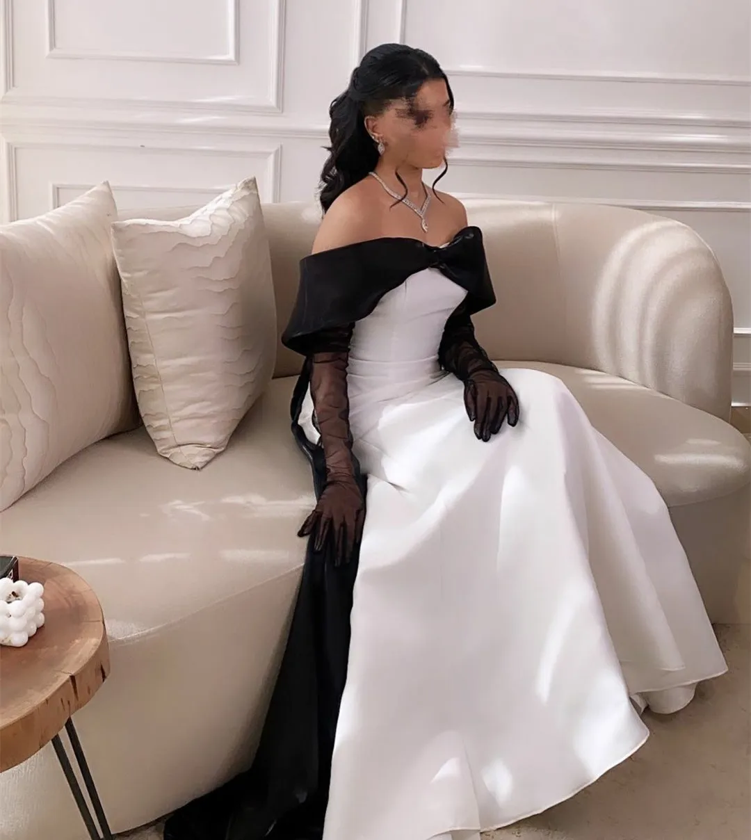 Elegant Black White Women Evening Party Dresses Mermaid Off Shoulder Satin Prom Formal Celebrity Gowns Arabic Robe De Soiree