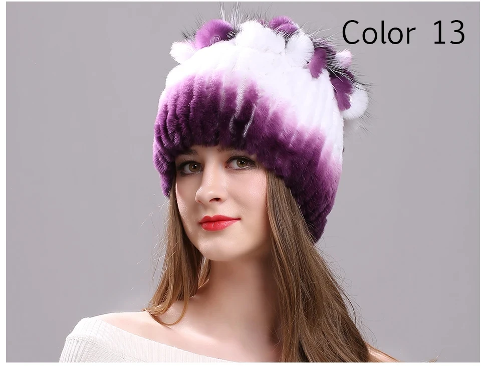 Strickmütze für Damen, 100 % echte Rex-Kaninchenfellmütze mit Blumen, Oberteile, warme, hochwertige Beanie-Damenmütze aus echtem Pelz für den Winter – Detail 33