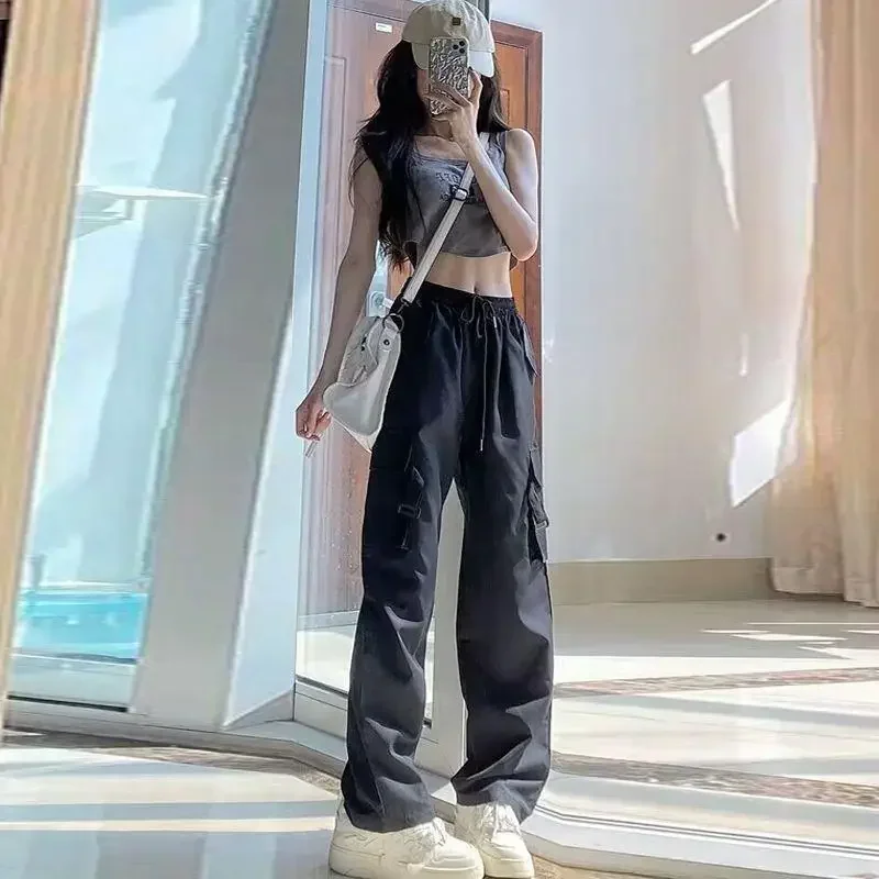 Summer New Cargo Pants For Women Korean Style Sweet High Waist Straight Tube Loose Wide Leg Pants Y2k Wide Leg Pants