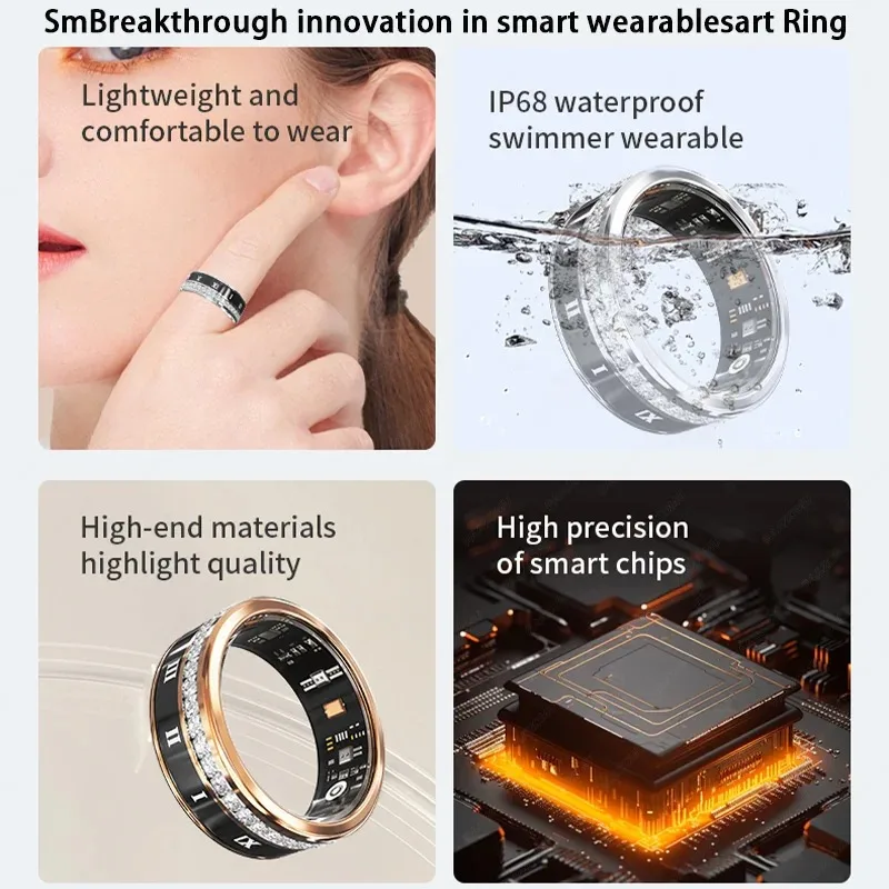 Diamond Inlaid Smart Ring HeartRate HealthMonitor, Blood Oxygen Waterproof Multi-sport Mode Smart Tracker for Iphone Android New