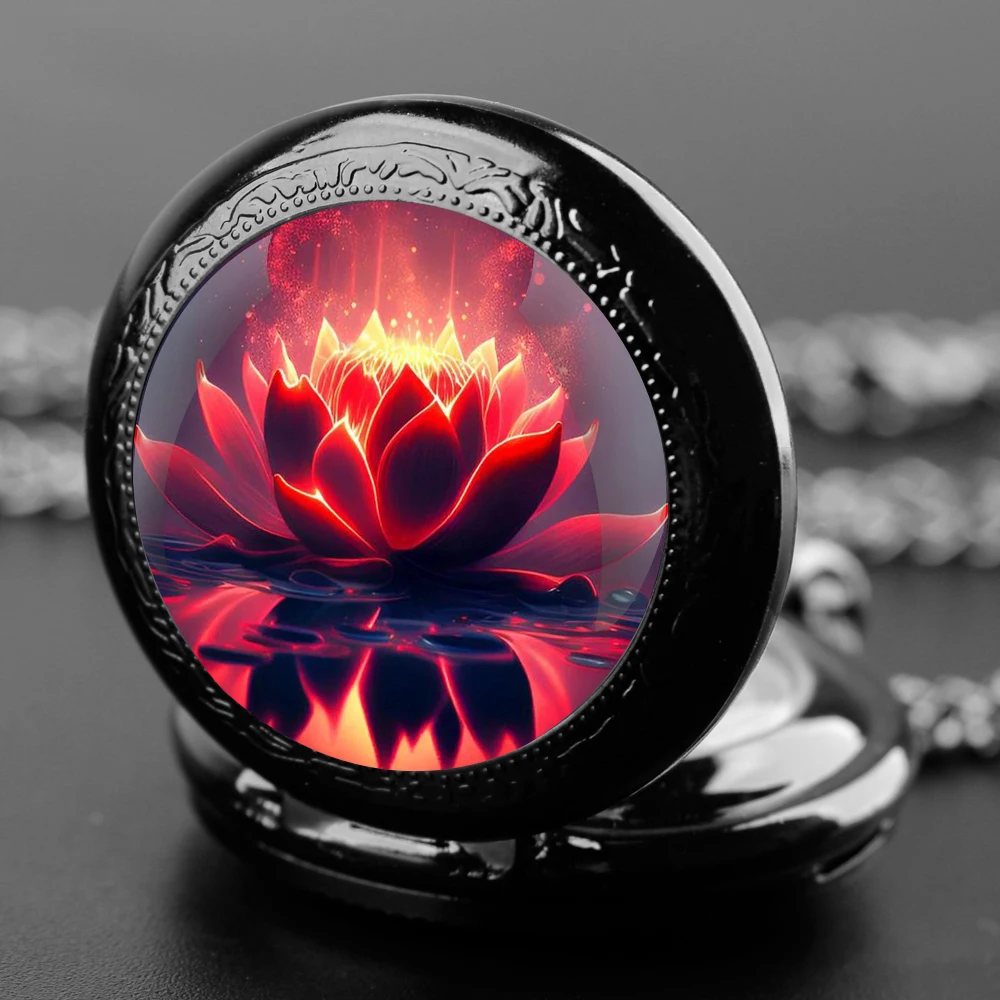 Red Lotus Inspired Design Black Quartz Pocket Watch with Durable Chain and Arabic Numeral Time Display for Men and Women Gifts