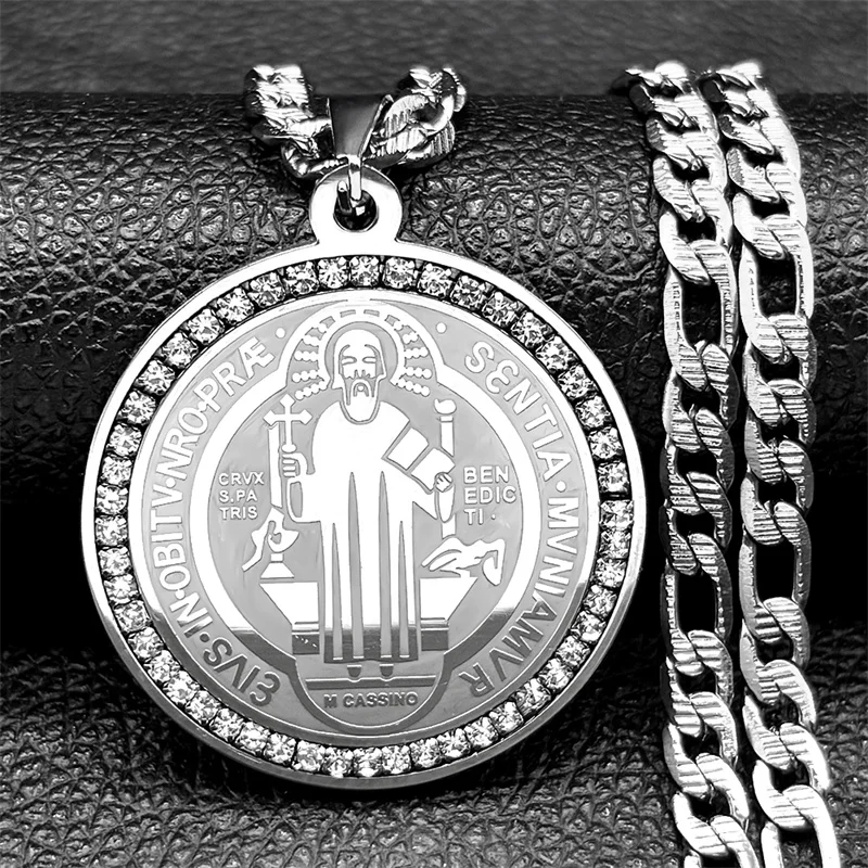 Hip Hop Crystals Saint Benedict Medallion Pendant Necklace Men Stainless Steel Gold Color Necklaces Jewelry San Benito Collares