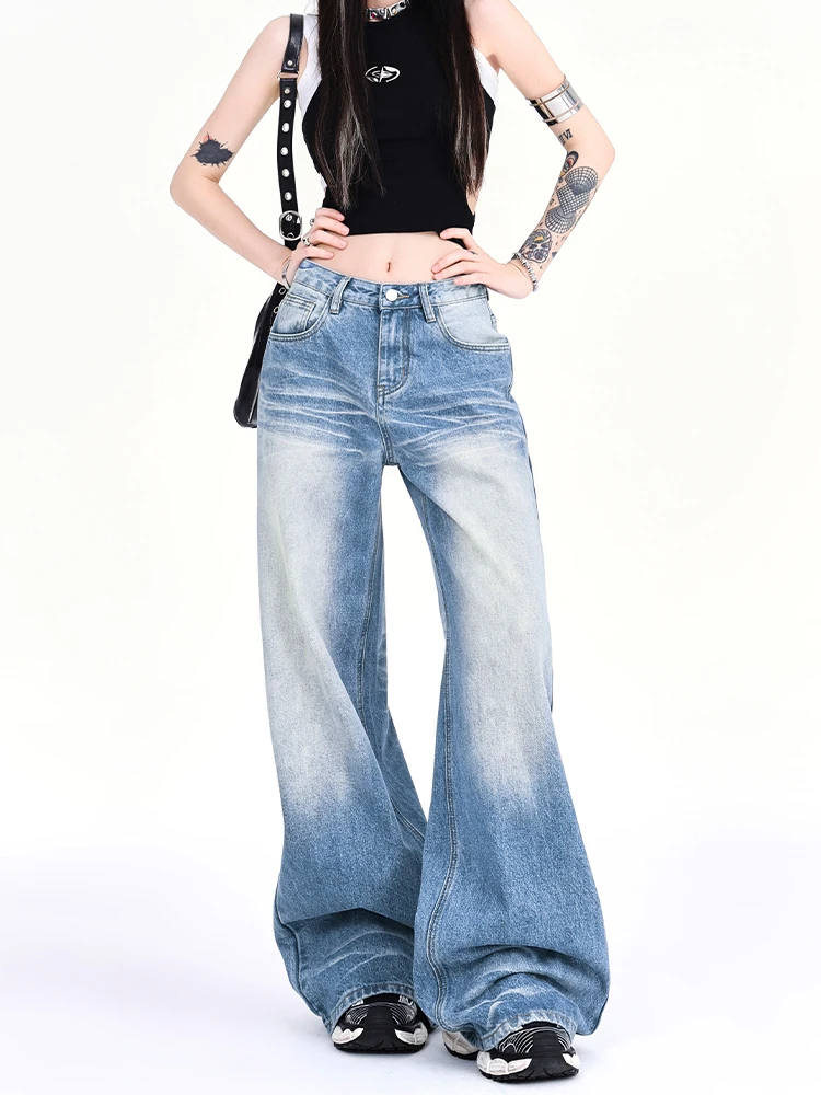 

Low Waist Wide Leg Denim Jeans Women's Light Blue Washed Vintage Loose Straight Cut Floor Length Pants Summer New Arrival