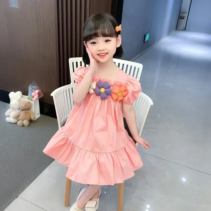 Baby Girls Dress Summer Pink Cute Slim Fit Puff Sleeves Elegant Princess Dress With Flowers Birthday Party Clothes 1-9 Years Old