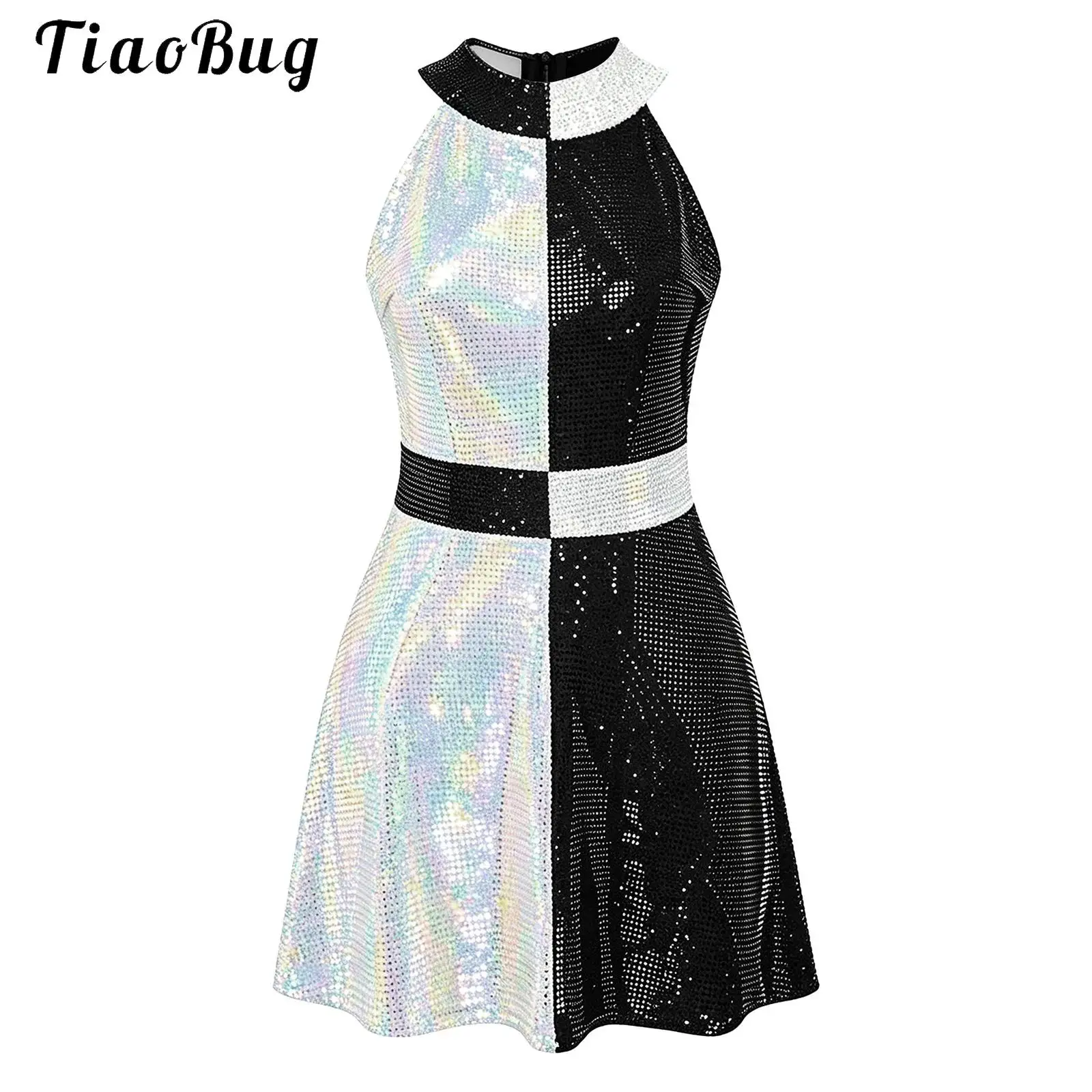 Vestido de lentejuelas con cremallera y bloques de color para mujer, sin mangas, estilo discoteca de los años 60, para fiestas temáticas de disfraces.