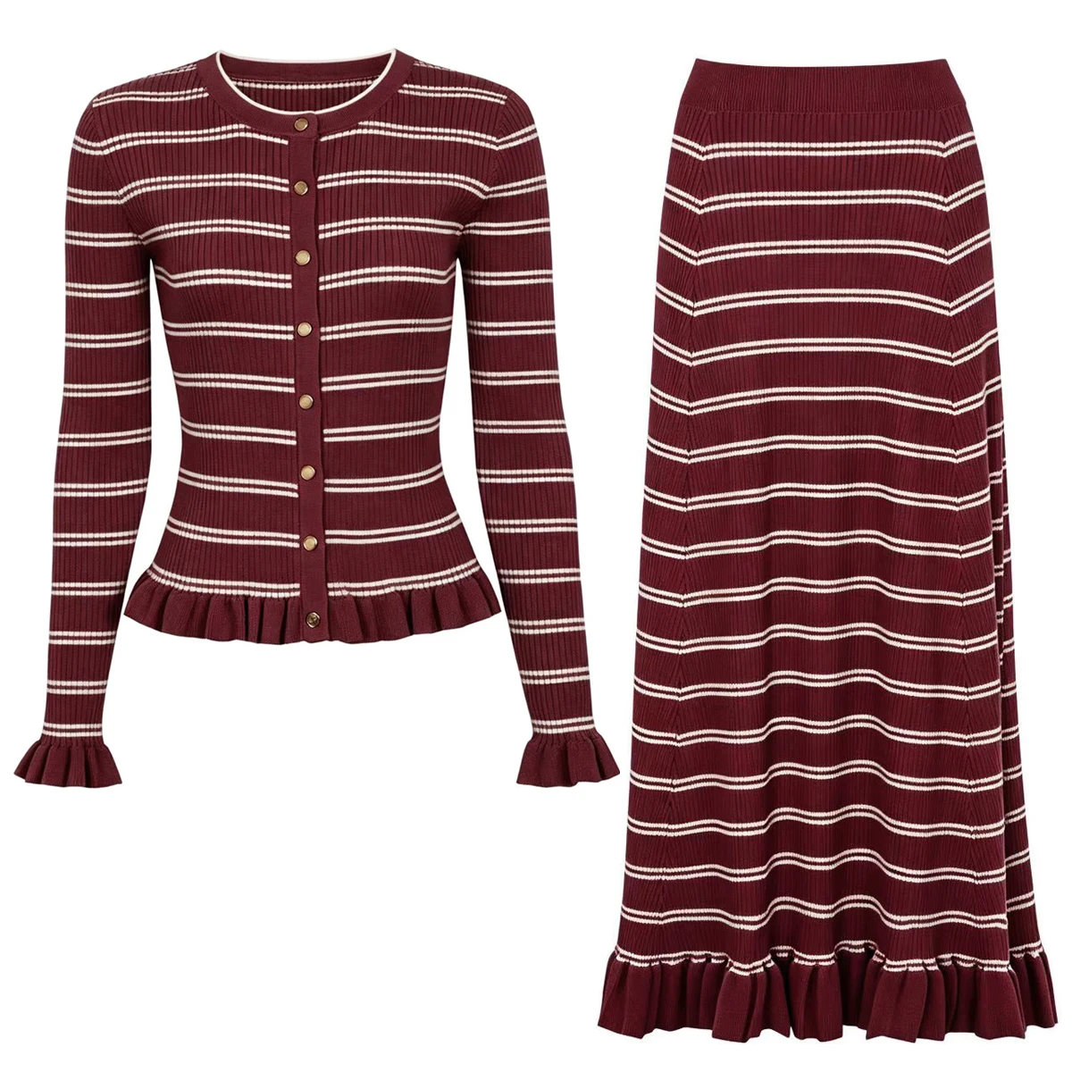 26276 High-Quality Summer And Autumn New Fashionable Women's Striped Round Neck Long Sleeved Cardigan+Lotus Leaf Skirt Set