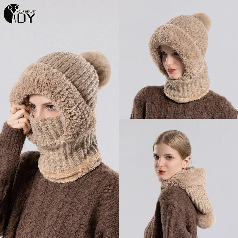 Knitted Hat Winter Fleece Lined Knitted Hat With Scarf Women Windproof And Warm Hooded Neck Gaiter For Outdoor Cycling