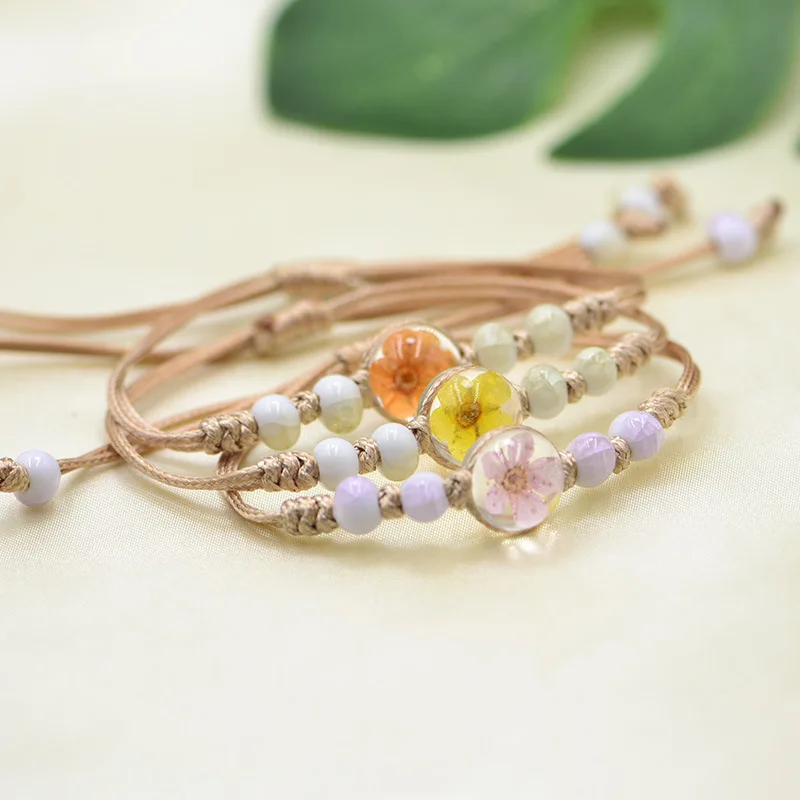 Glass Ball Dry Flower Bracelet Handmade Dry Pressed Flower Cherry Blossom Glass Cover Charms Adjustable Rope Strand Bangle