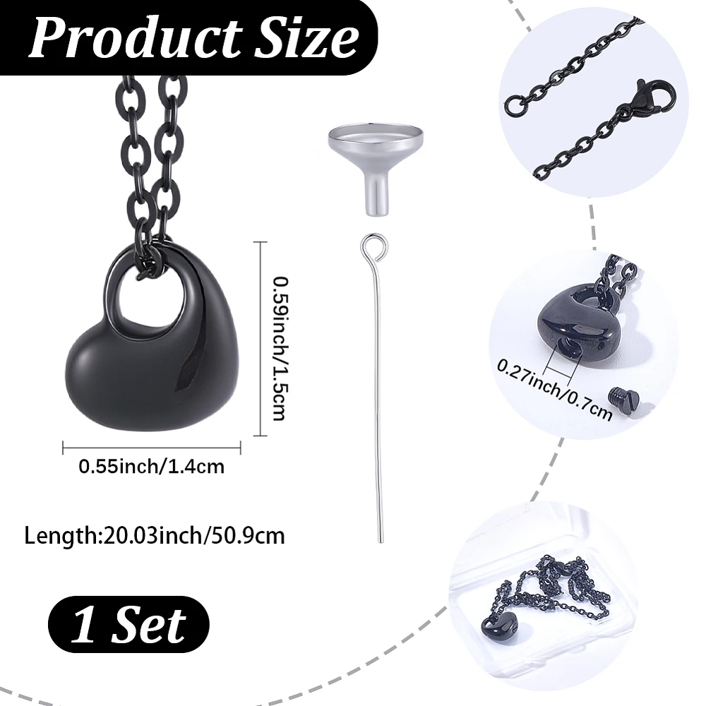 1 Box Black Heart Urn Necklace Memorial Keepsake Necklace 20 Inch Stainless Steel Cremation Ashes Jewelry with Funnel Filler Kit