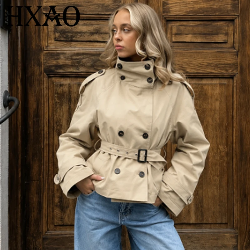 HXAO Crop Khaki Jacket Women's Trench Coat Autumn 2026 Long Sleeve Belt Double Breasted Lace Up Windbreaker Office Top Outerwear