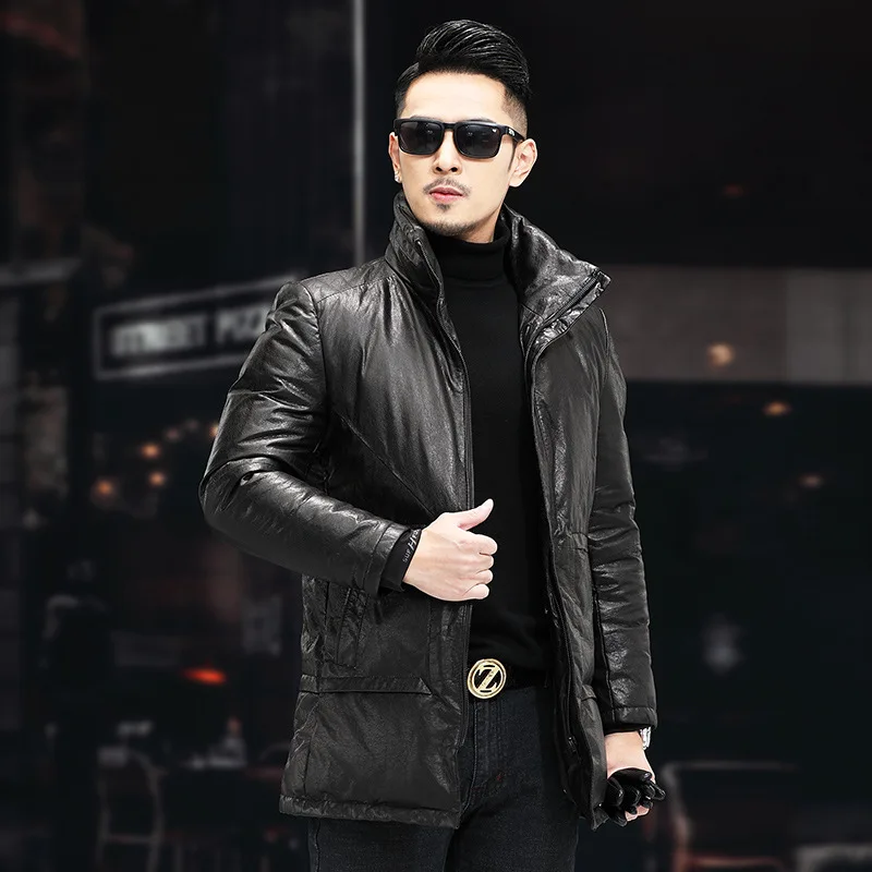 New Winter Men's Slim Stand Cowhide Coat Thick Warm Genuine Leather Overcoat Streetwear Male Oversized Parkas Long Down Jackets