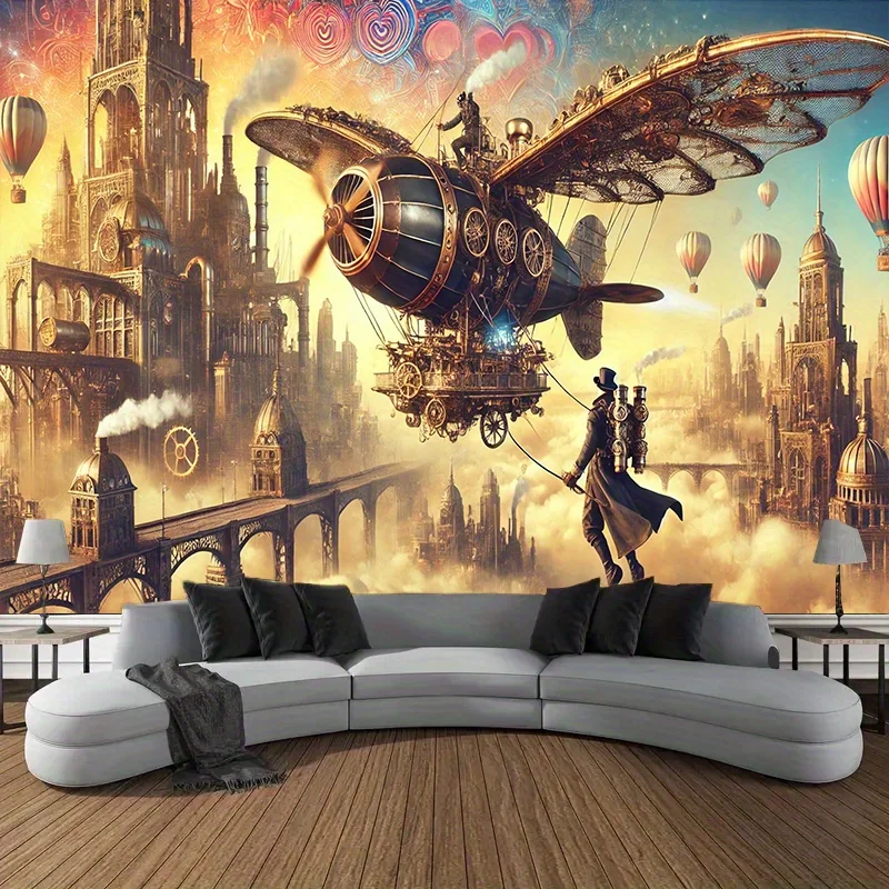 Steampunk Airship Tapestry, Vintage Flying Machine & City, Fantasy Adventure Wall Hanging Retro Sci-Fi Room Decor Golden Sky Art