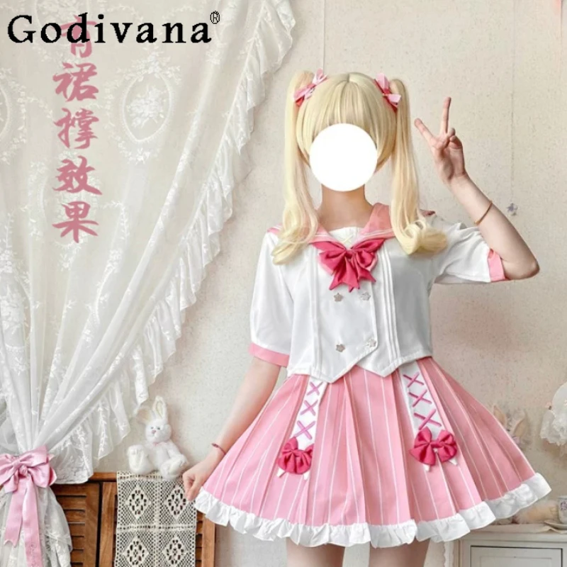 

Spring Summer New Sweet Age Reduction JK Sailor Clothes Cute Girl Versatile Elegant College Japanese Ruffles Skirt Playful Sets