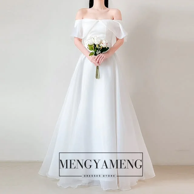 ZHUISHU カスタムメイド ボートネック シルクオーガンザ 韓国風ウェディングドレス フェアリーAライン ブライダルウェディングフォトシュートガウン セルフウェディングドレス