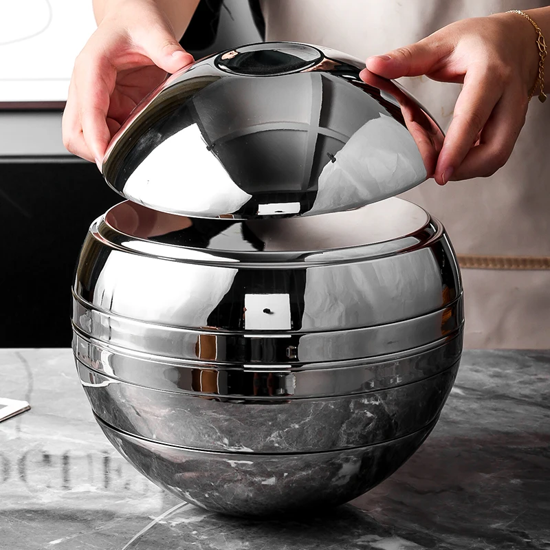 304 Stainless Steel Spherical Bowl & Plate 7 Piece Set  Artistic Sphere Decor, Glossy Double-Layer Heatproof Bowls and Dishes