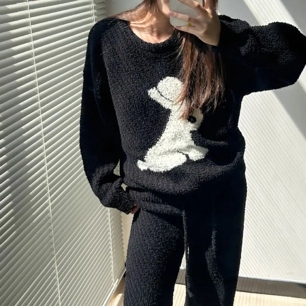 Zestaw piżamy z polaru z motywem konia, długi rękaw, kawaii, gruby, ciepły strój do spania, odzież domowa, luźny komplet piżam z kreskówkami dla dziewczynki.