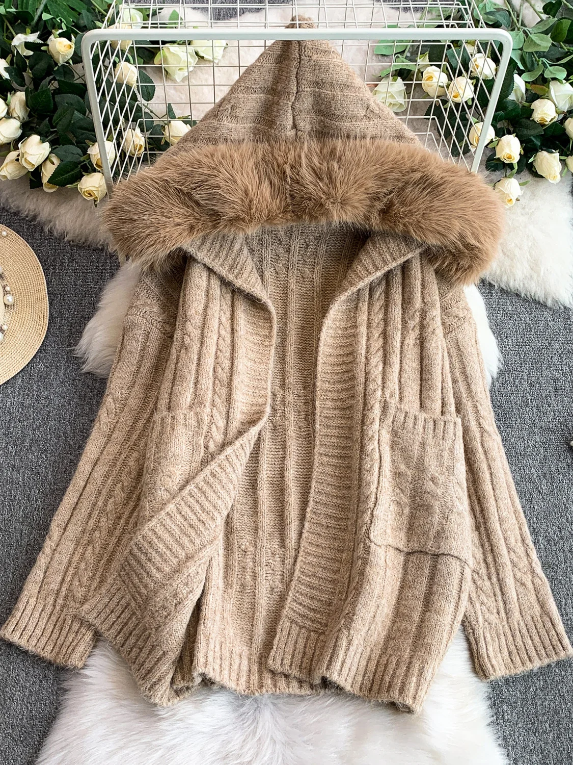 

Thiened Heavy Work Fur Collar Open Cardigan Knitted Sweater Women's Winter Lazy Sle Warm Fluffy Long Sve Coat
