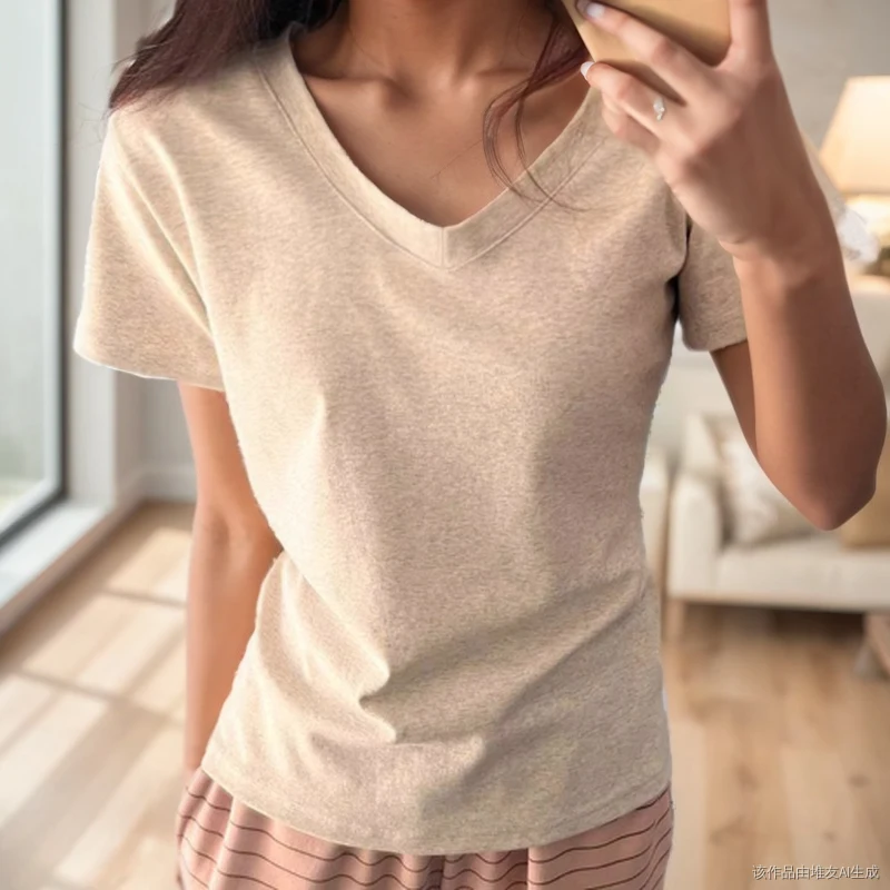 Nouveau manches courtes mode femmes T-shirt col en V été Simple t-shirts dames décontracté élégant Simple mince T-shirt hauts solide T-shirt
