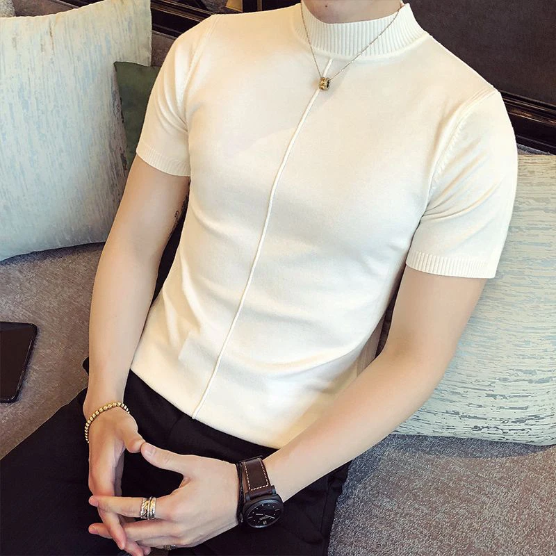 Summer Short Sleeve Men Half Turtleneck Knitted T Shirts England Style Business Casual All-match Simple Tight Oversized Clothing