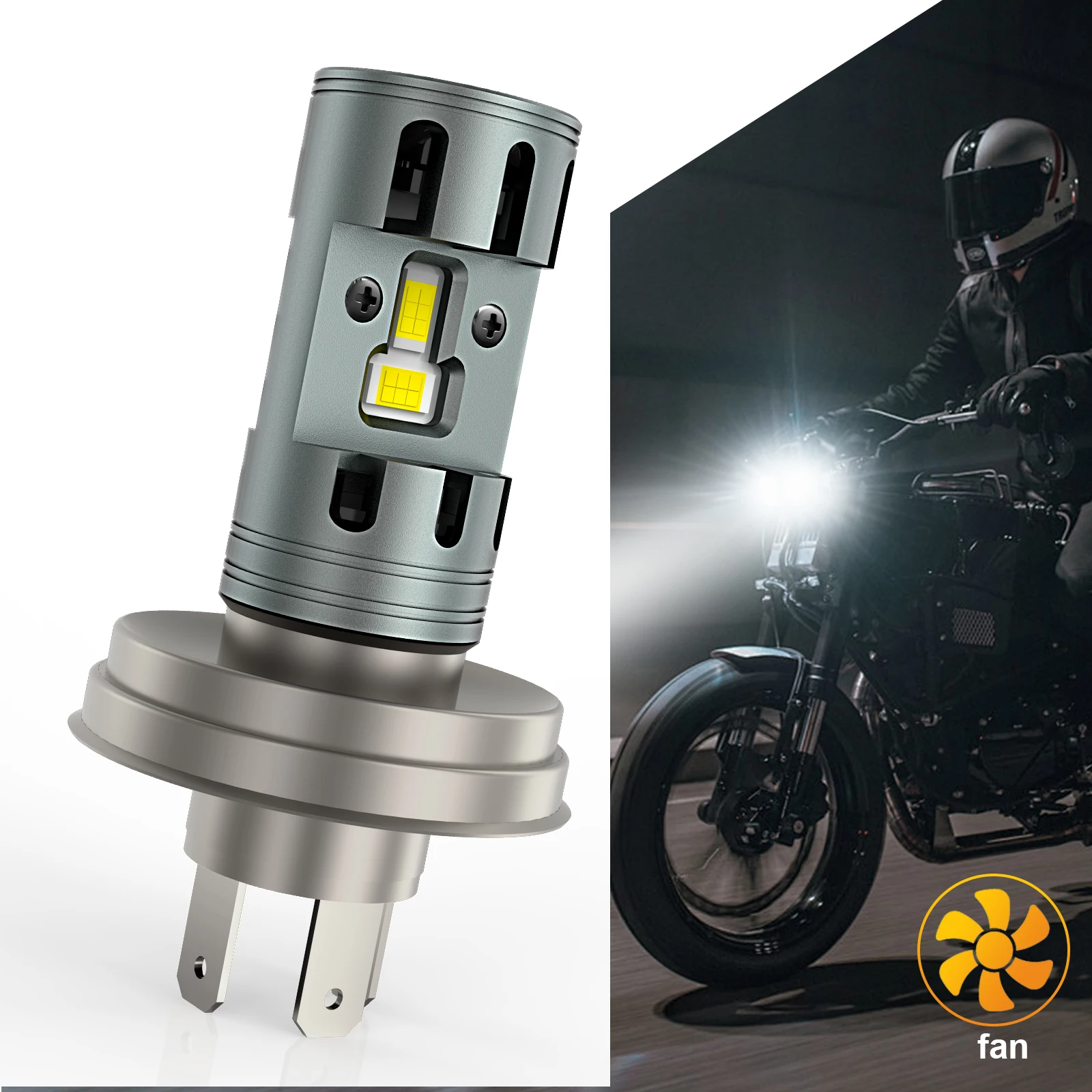 DriveVision 1PCS R2 P45T LED Headlight Bulb Fan DC 12V Super Bright White High Low Beam LED Bulb for Motorcycle Headlight  6500K
